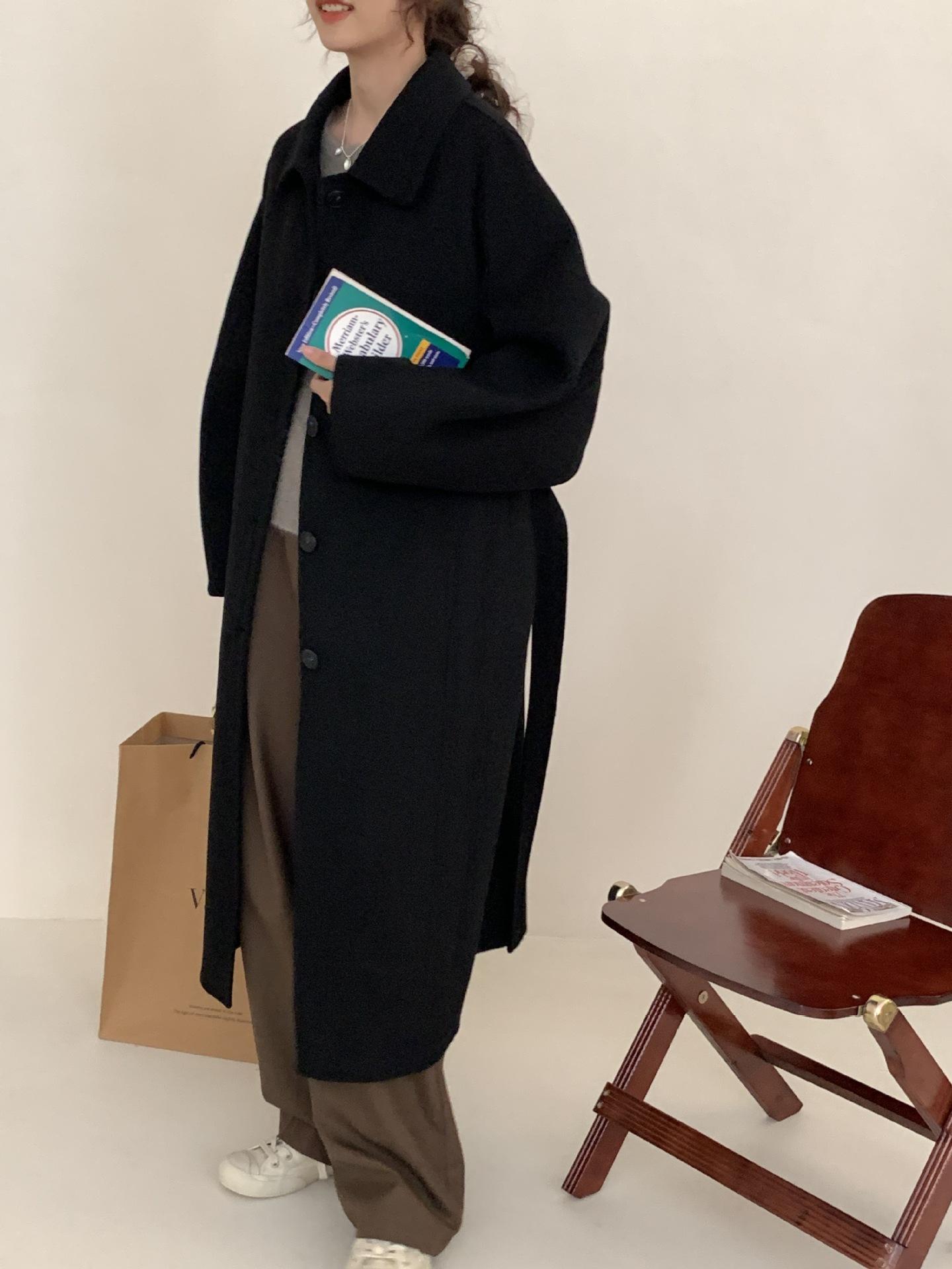 

Autumn and winter new double-sided cashmere coat women s casual waist medium and long temperament high-end woolen coat S Bust 124 Length 110 чорний