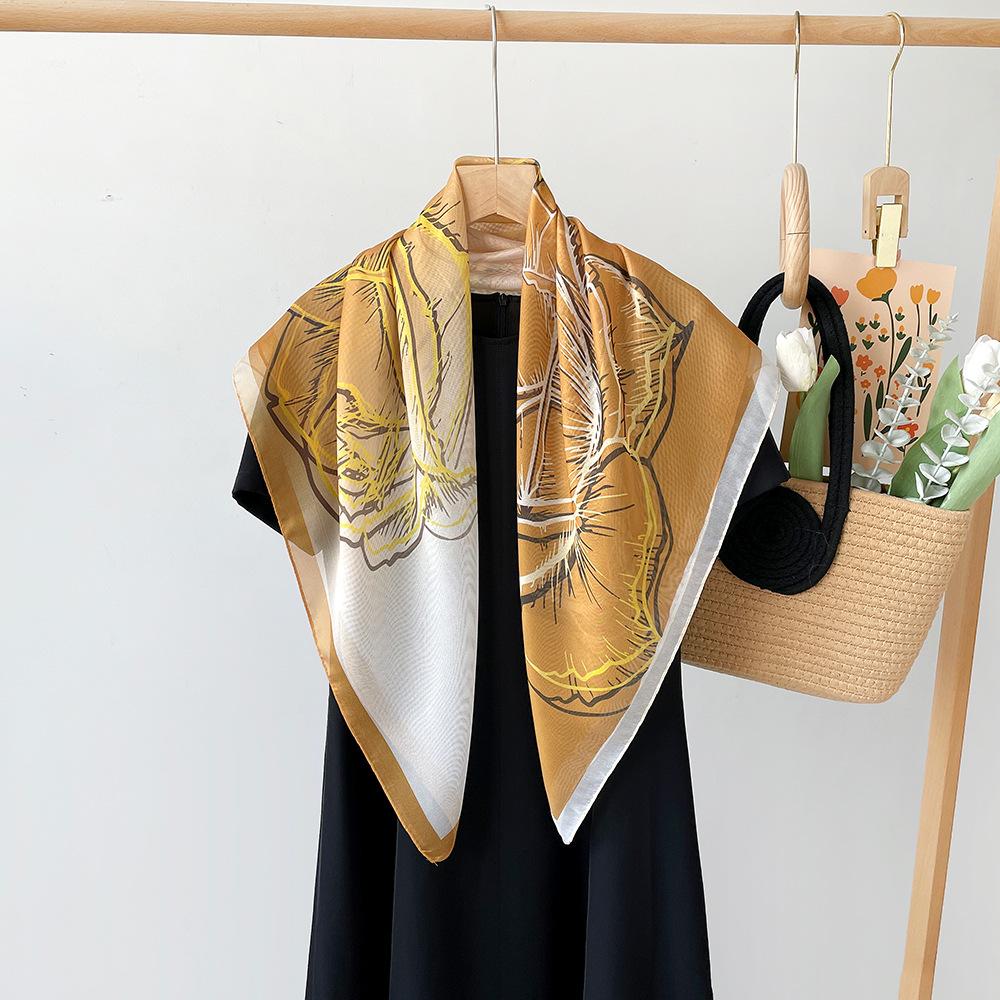 Spring Printed Silk Scarf Square Scarf Premium Sense Wrapping Turban French Gradient Paired with Shirt Thin Sunscreen Scarf