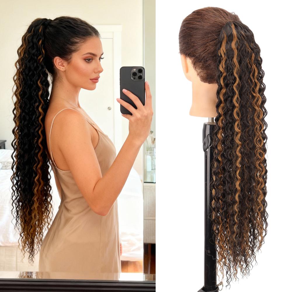 26 Zoll lange böhmische lockige Pferdeschwanz-Verlängerung - Mehrschichtiges leichtes Clip-In-Haar mit dunkelblonden und blonden Highlights, 66.04cm brown