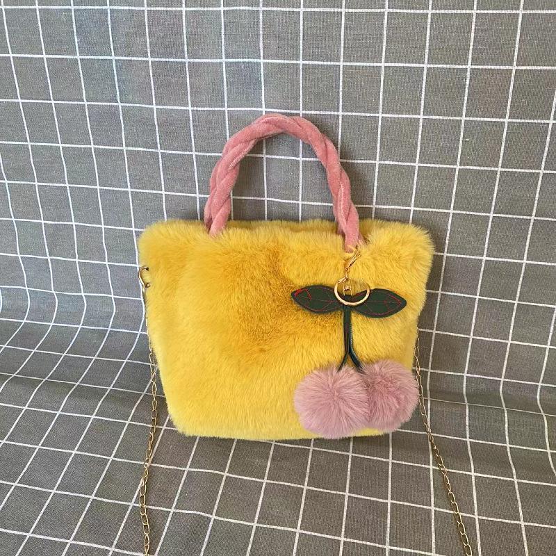 Luxury Faux Fur Bag Women's Plush Woven Handle Handbag Thin Chain Shoulder Bag With Cherry Pendant Magnetic Buckle Crossbody Bag