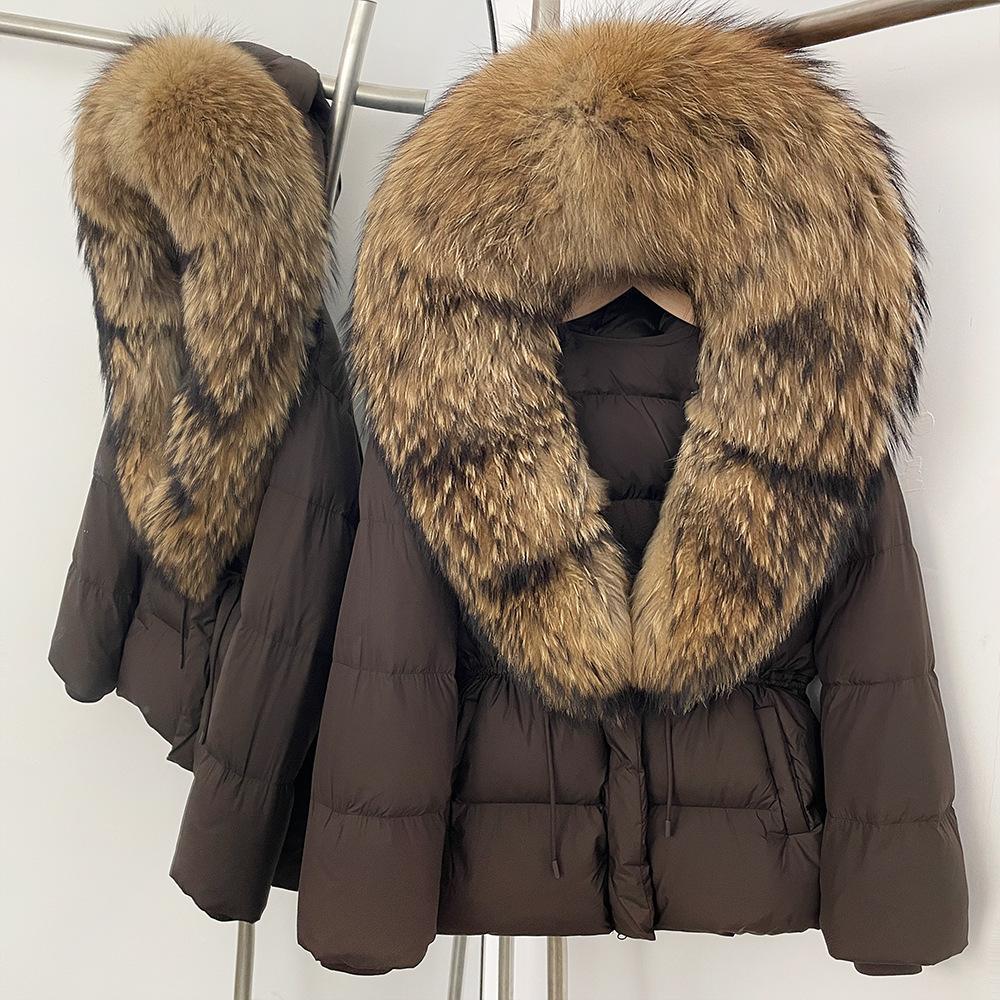 Removable oversized fox fur collar women's short down jacket women's winter new hooded waist and thin fur jacket