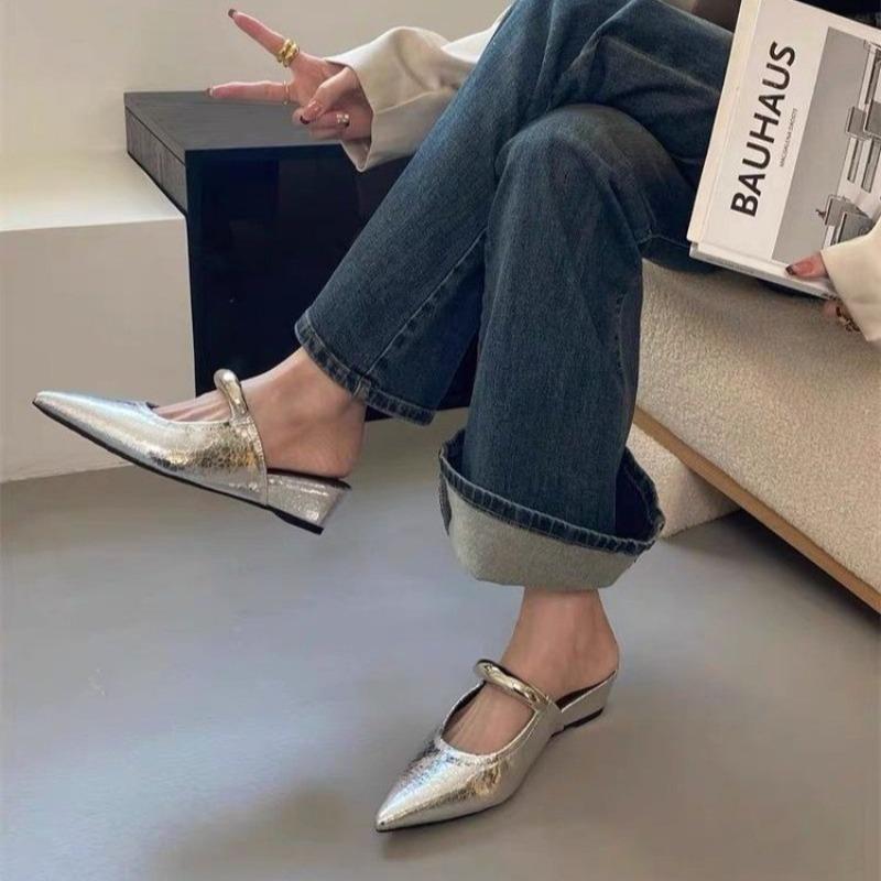 Fashion Baotou Slope Slippers Spring New Pointed Head Shallow Mouth Metal Buckle Soft Sole Anti-slip Wear-resistant Sandals