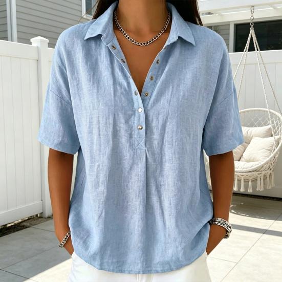 Women Shirt Lapel Buttons Half Placket Short Sleeve Shirt Tops Pure Color Loose Fit Casual Blouse Vacation Date Casual Wear