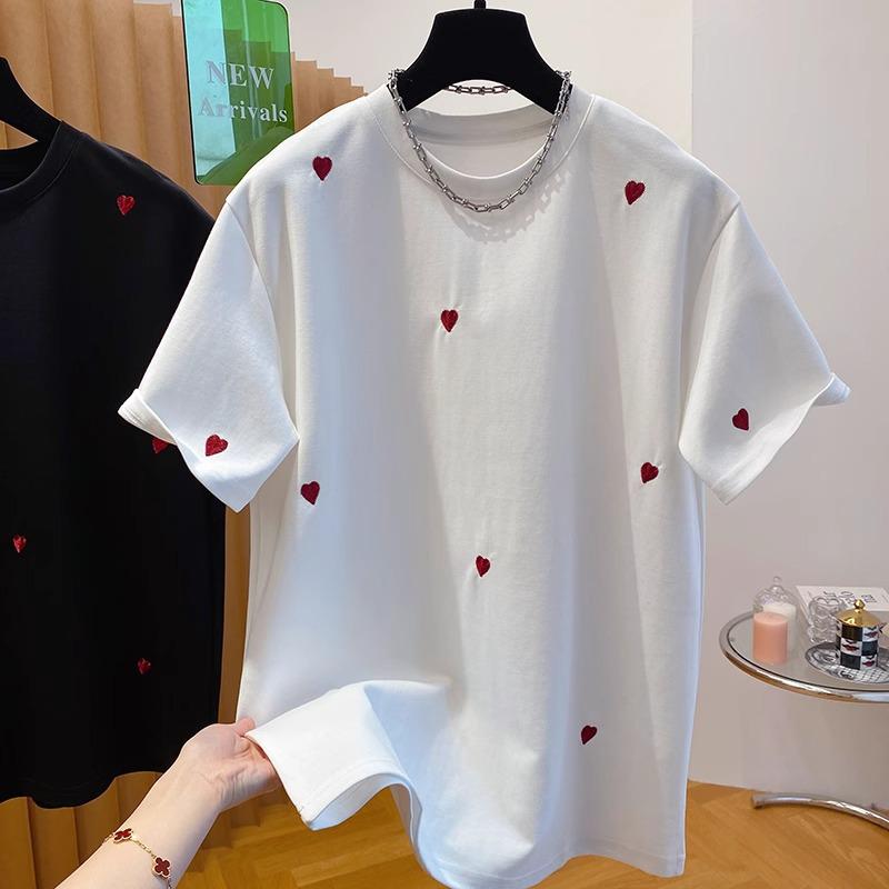 Heart Embroidery Women's European Style T-shirt - Short Sleeve, Loose Fit, Pure Cotton, 2025 Spring Collection