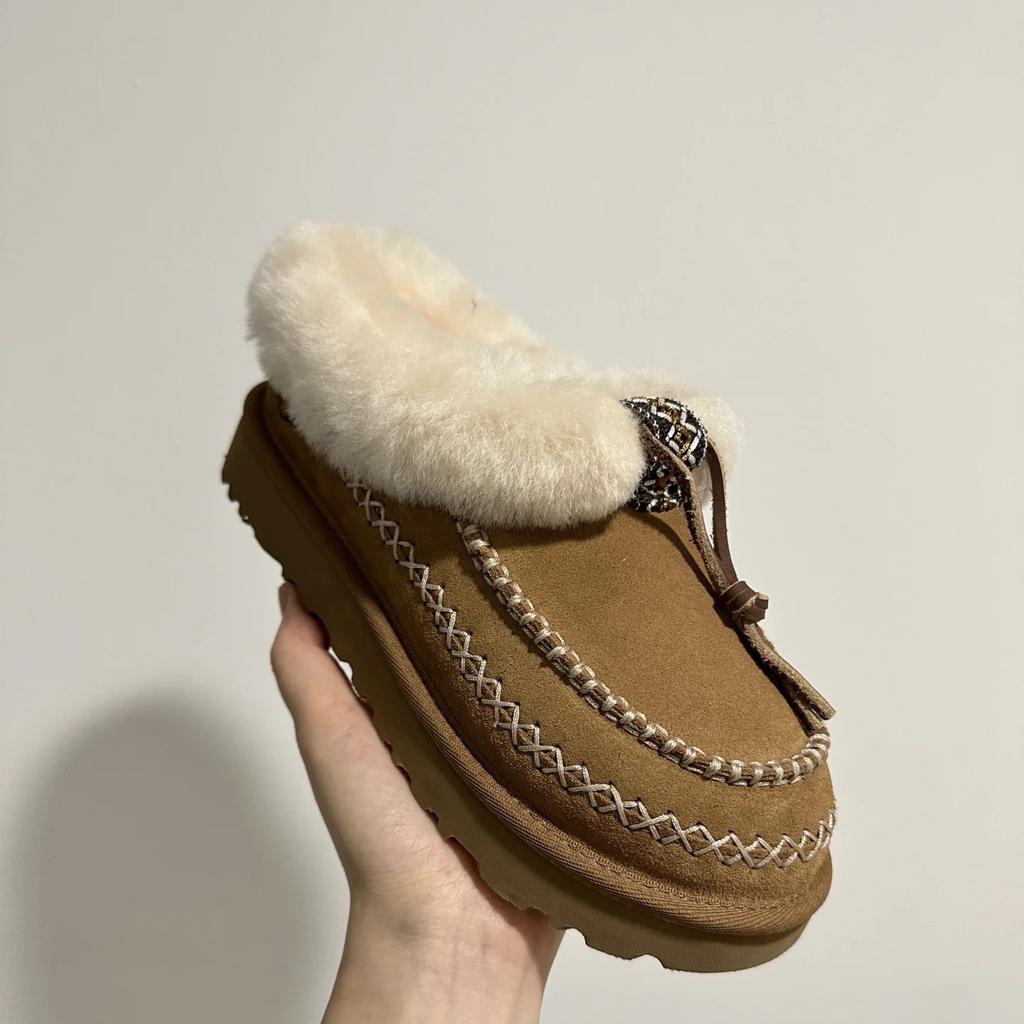 Europäische Station Schaffell integrierte Schneestiefel 2025 Winter neue Tasche Kopf Halbpantoffeln Alpine thermische Baumwollschuhe Damen