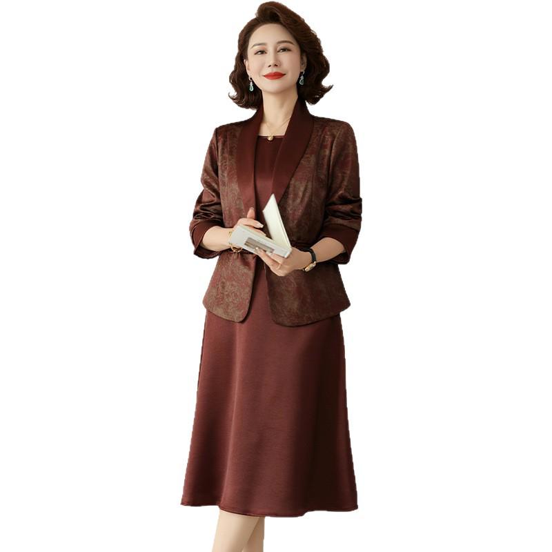 Mom's Chic Autumn Two-Piece Set: Elegant Midlife & Senior Women's Skirt and Outerwear Collection.