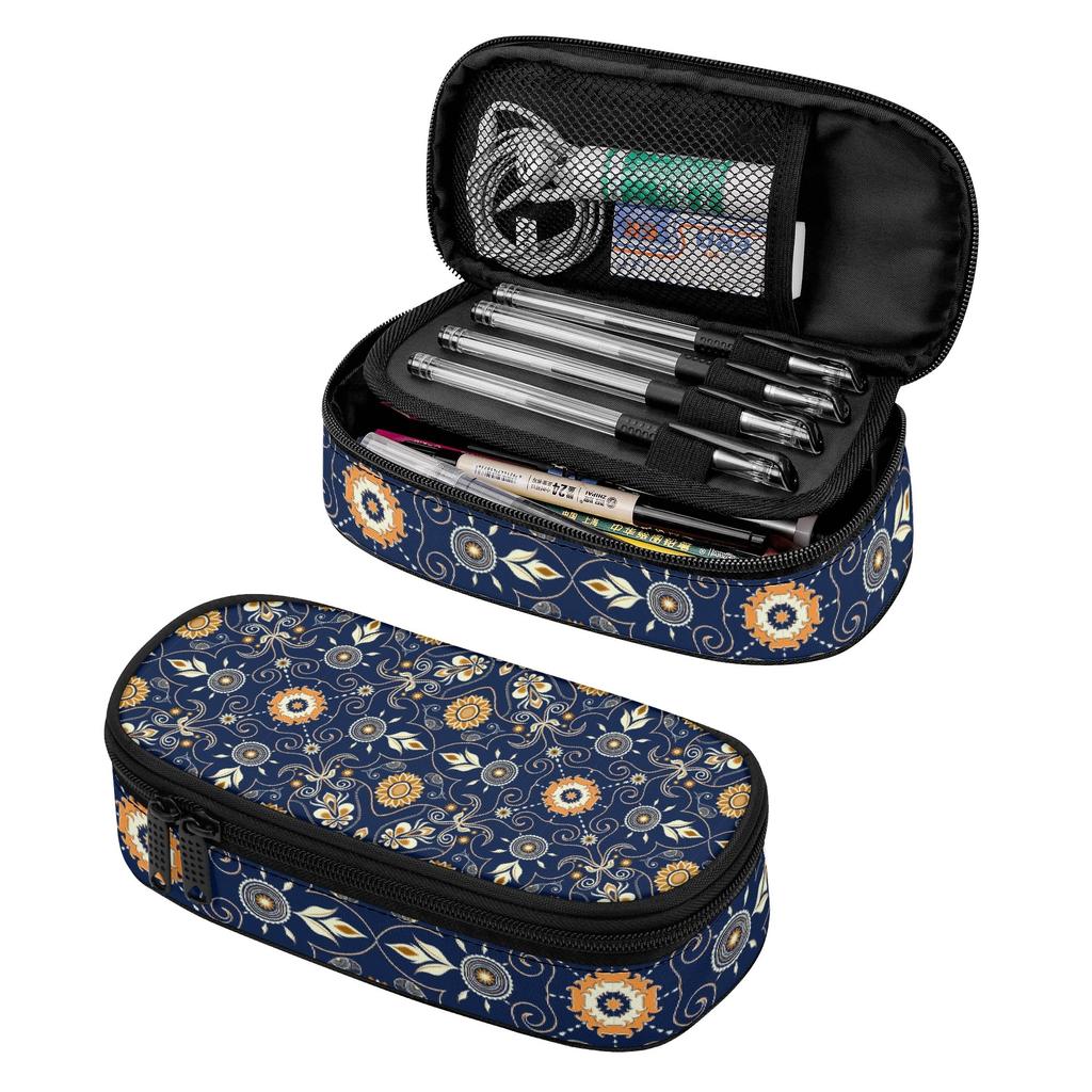 Pen Case Printed Durable 300D Polyester Zipper Closure with Mesh Storage Layer Removable Divider and Pen Holders for Classroom Use