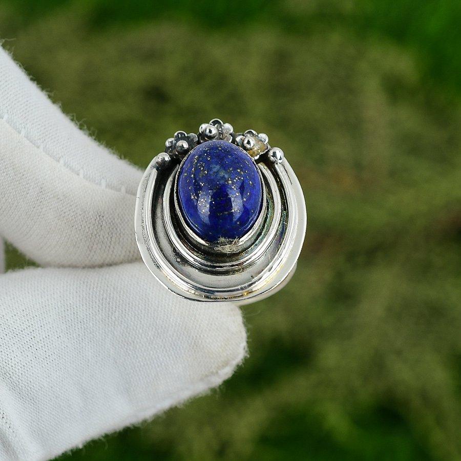 Natural Lapis Lazuli Gemstone Multi Stone Adjustable Ring 925 Silver For Women