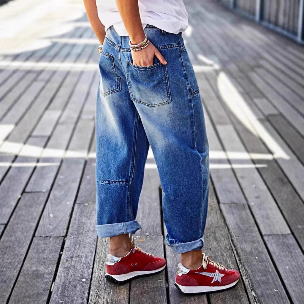 Jeans da donna con orli arrotolati, tasche cucite, vita media, gamba a botte, jeans cropped da donna
