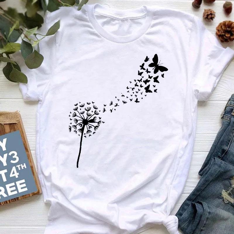 New Summer  Dandelion Butterfly Print Women Tshirt Casual White and Black T-shirt Funny T Shirt Gift for Lady Young Girl Tops