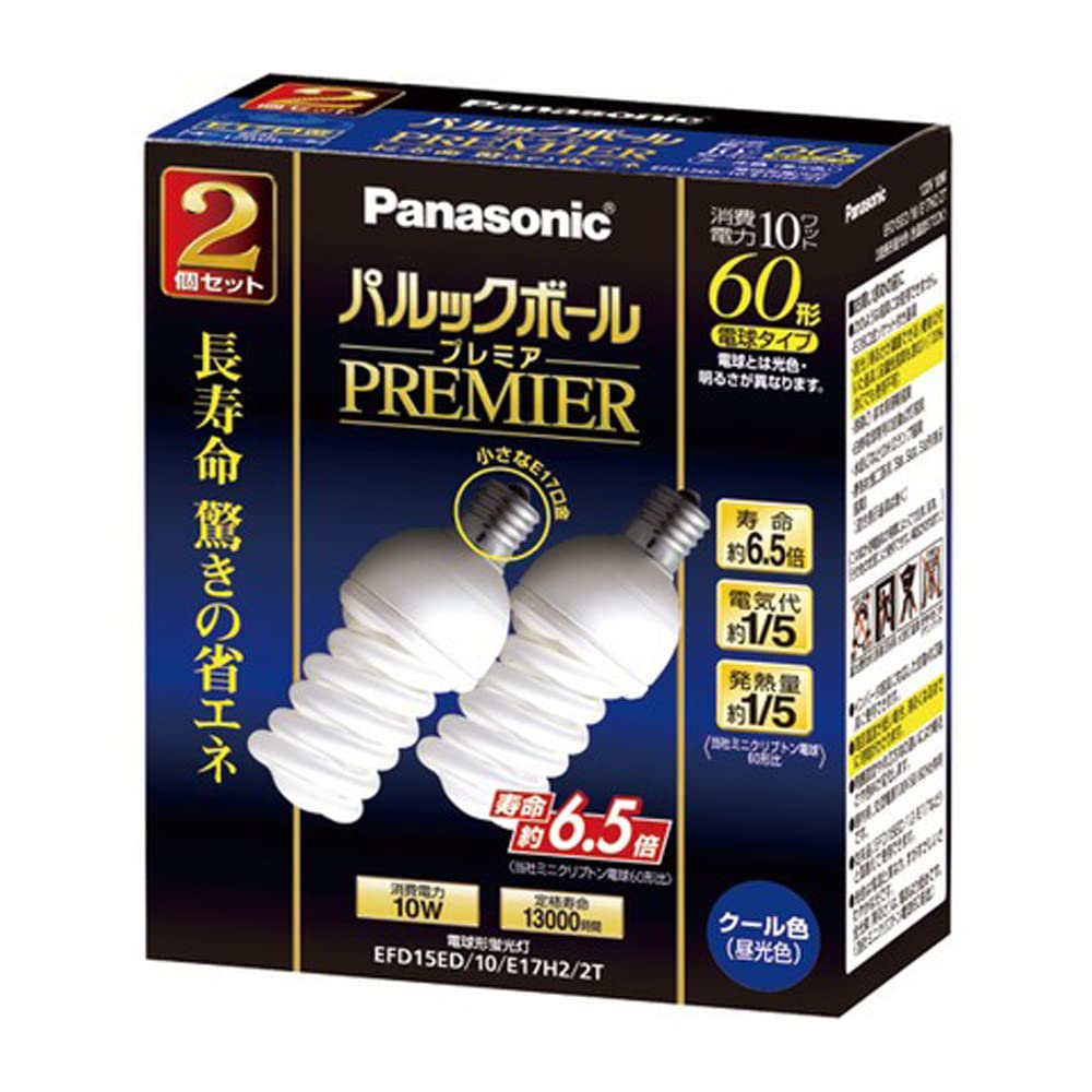 

Panasonic Compact Fluorescent Light Parlook Ball Premier Light Bulb Equivalent to 60W Base Diameter 17mm Cool Color Pack of 2 EFD15ED10E17H22T
