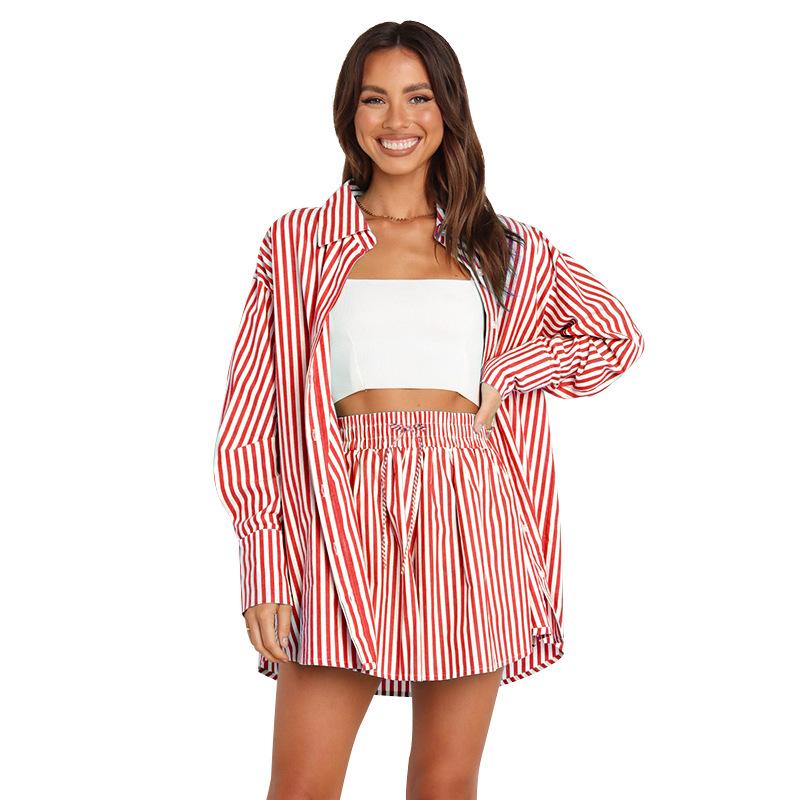 

Весенне-летний темпераментный пригородный модный женский полосатый длинный рукав разрез повседневные брюки костюм XXL красный