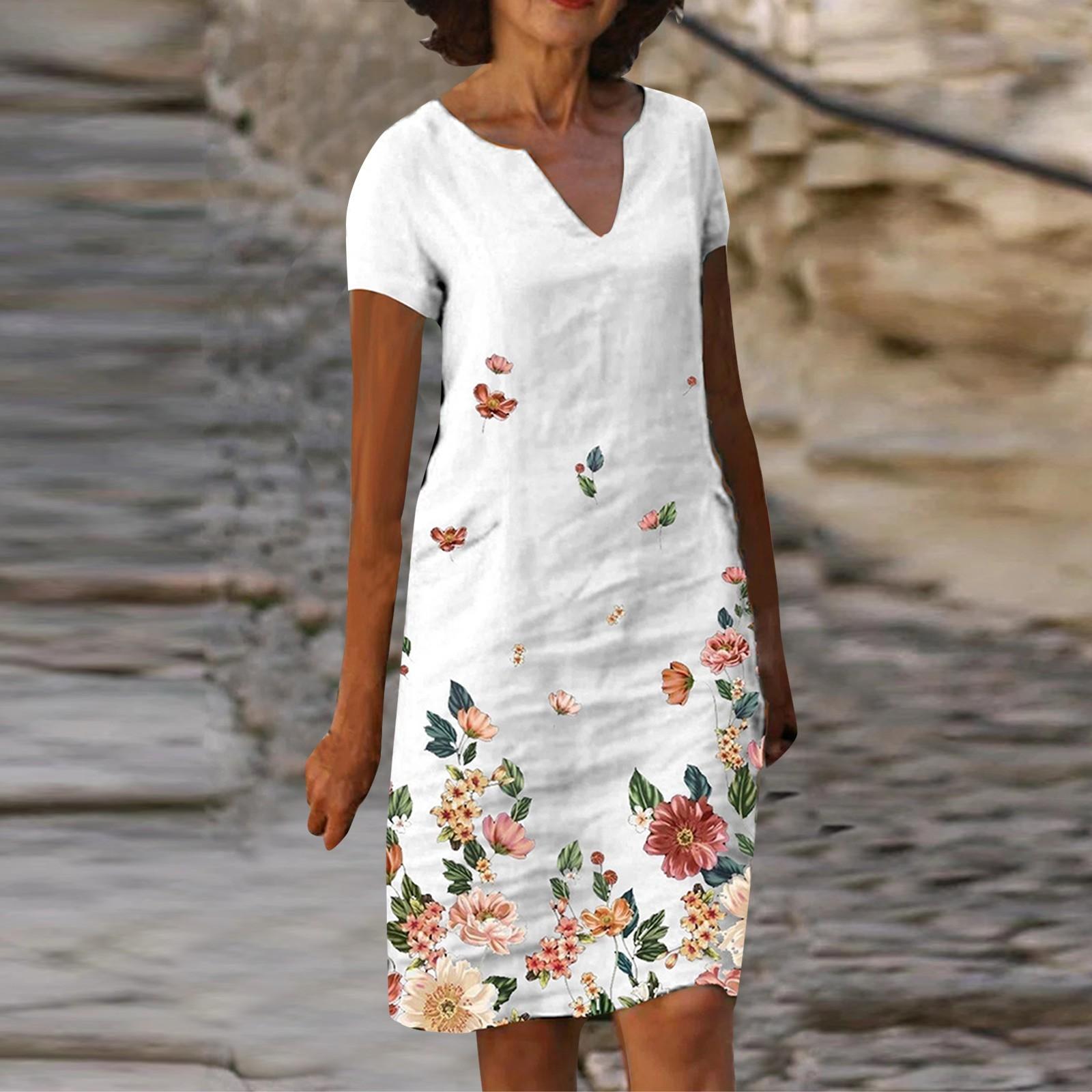 

Женское летнее платье миди с V-образным вырезом и короткими рукавами из хлопка и льна с цветочным принтом XL белый