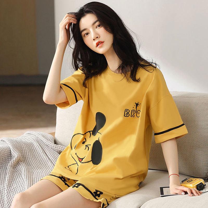 Women's Cute Summer Pajama Set - Short-Sleeved Top & Shorts, Casual Cartoon Loungewear for Indoors and Out.