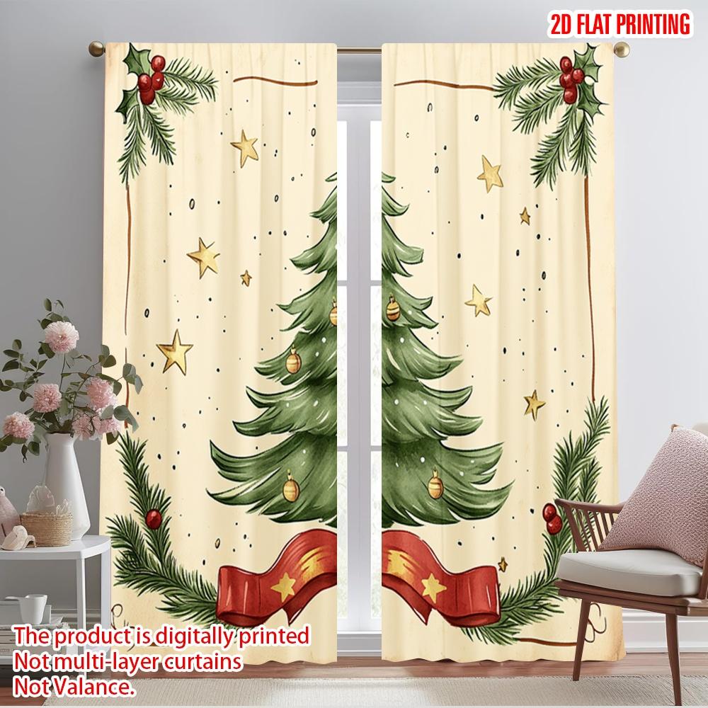 

2pcs,2D plane printing Pattern Curtains Christmas Tree Holly Stars (3) Versatile Durable Polyester (without rod) Home Decor Use 52.50×116.00 CM 2pcs