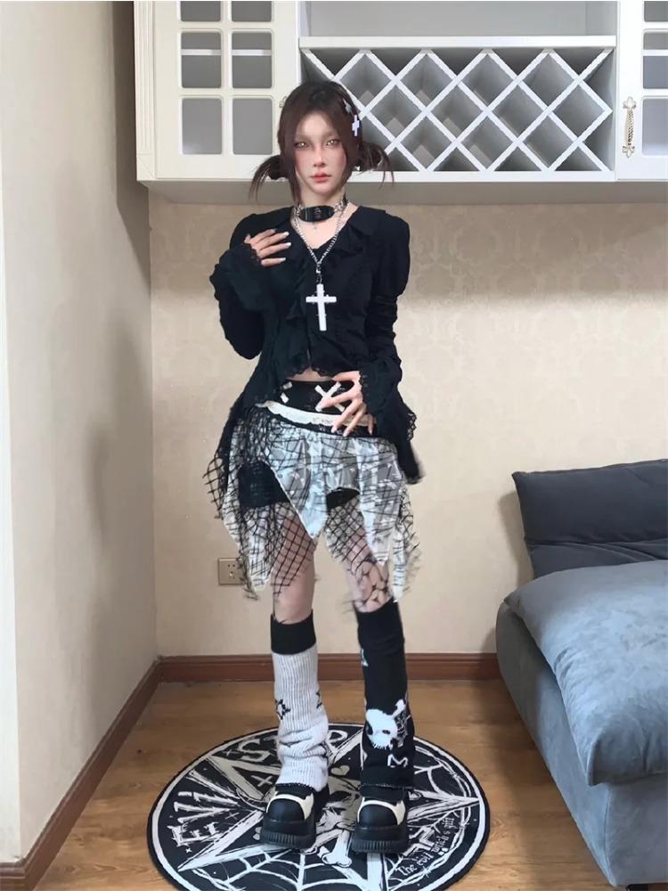 Lolita Vintage Gothic Lace Shirts Women Y2k Dark Aesthetic Irregular Blouses Yamamoto Style Grunge Flare Sleeve Shirt