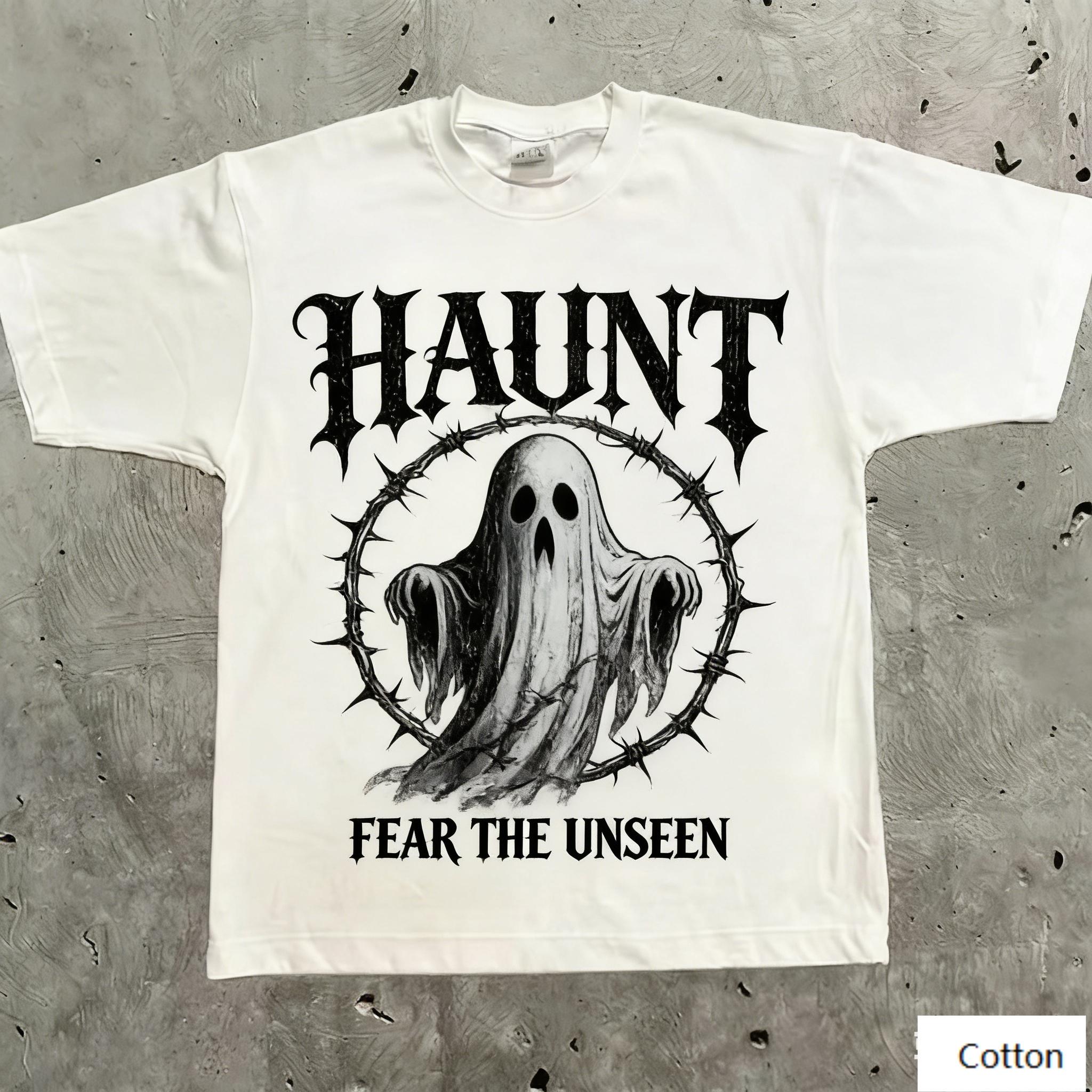 

Oversized White Cotton TShirt with Bold Haunt Ghost Graphic Unisex Streetwear Tee for Unisex and Women 4XL