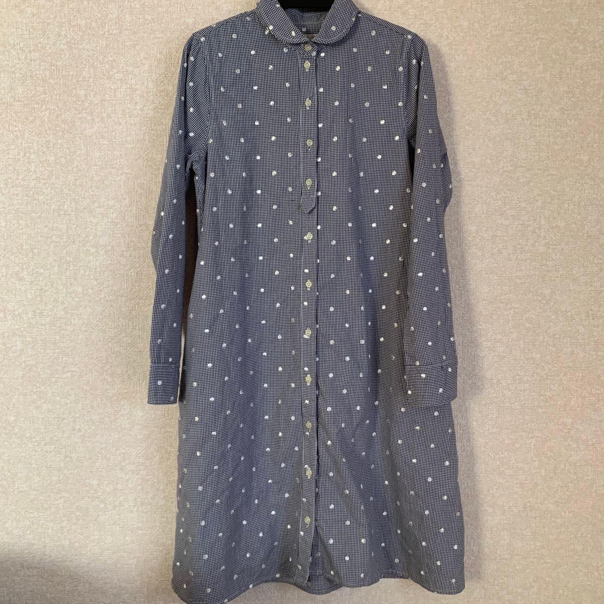 No.227 earth musicecology Dot pattern x check shirt tunic light blue ladies