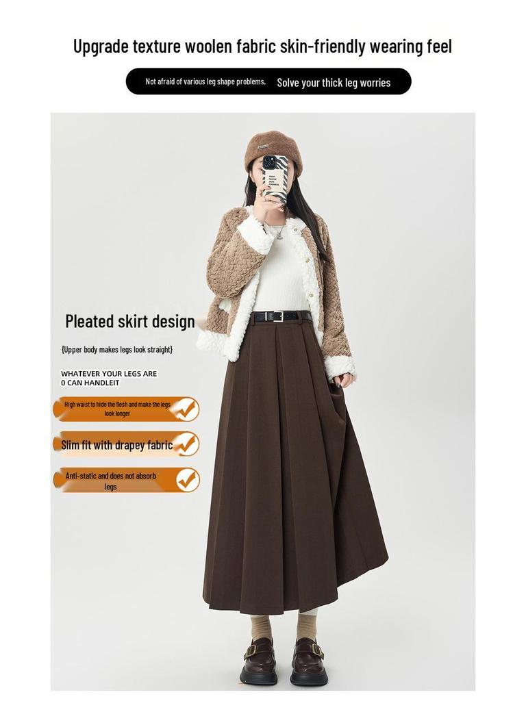 Autumn/Winter 2025 High-Waist Pleated A-Line Skirt - Slimming Woolen Mid-Length for Women