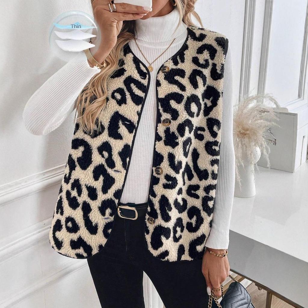 2025 Women's Leopard Print Button-Front Plush Vest - European/American Autumn/Winter Fashion