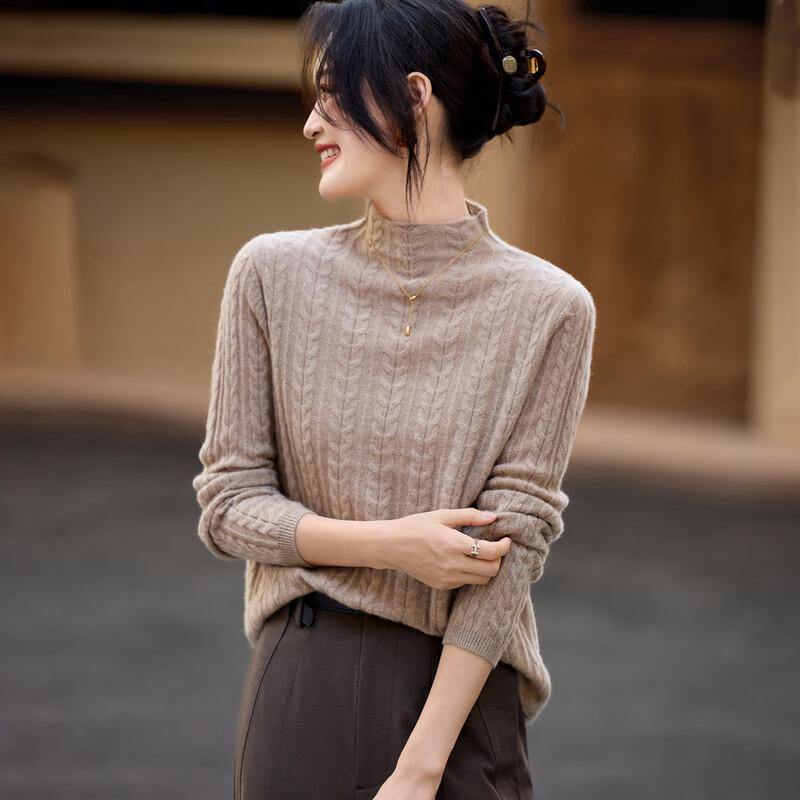 Srcr Women's 100% Cashmere Semi-High Collar Cable Knit Sweater