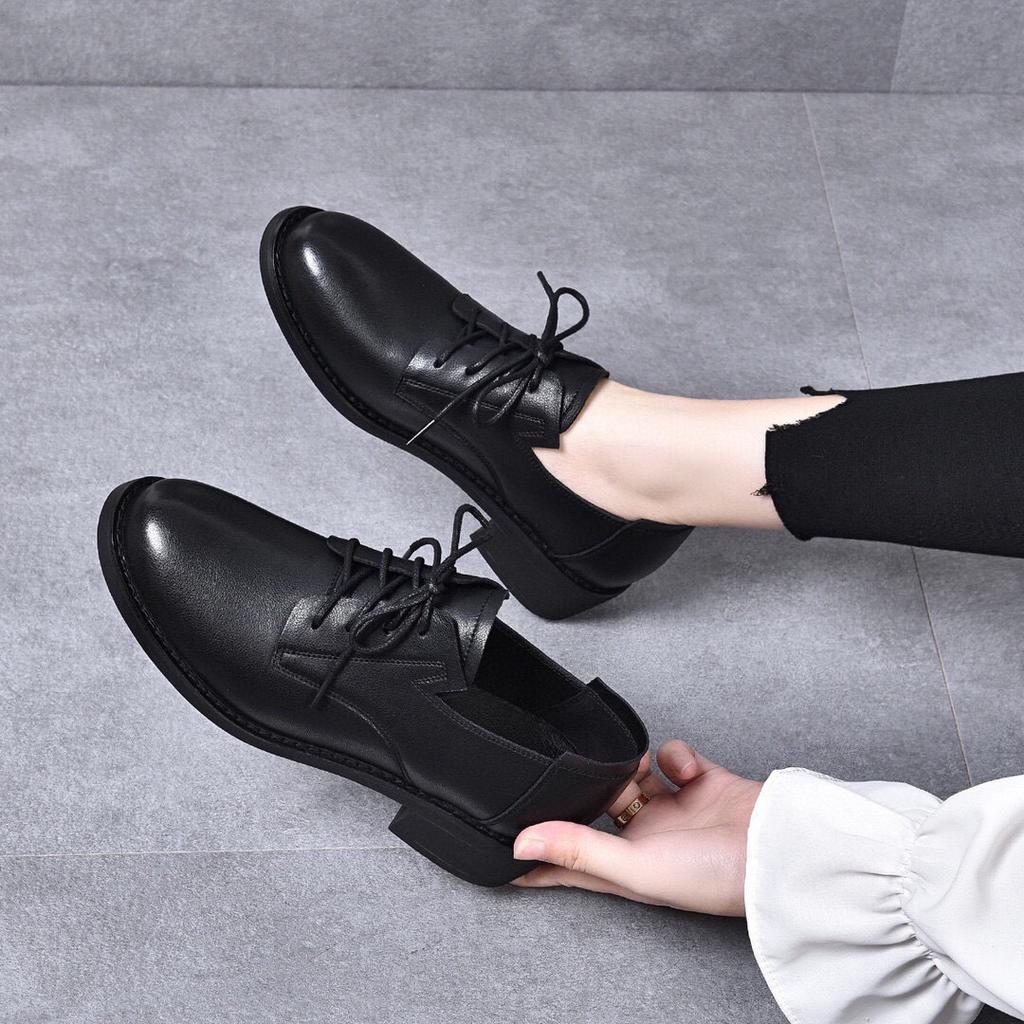 Casual flat-soled small leather shoes spring new retro lace-up leather shoes first layer cowhide thick heel single shoes