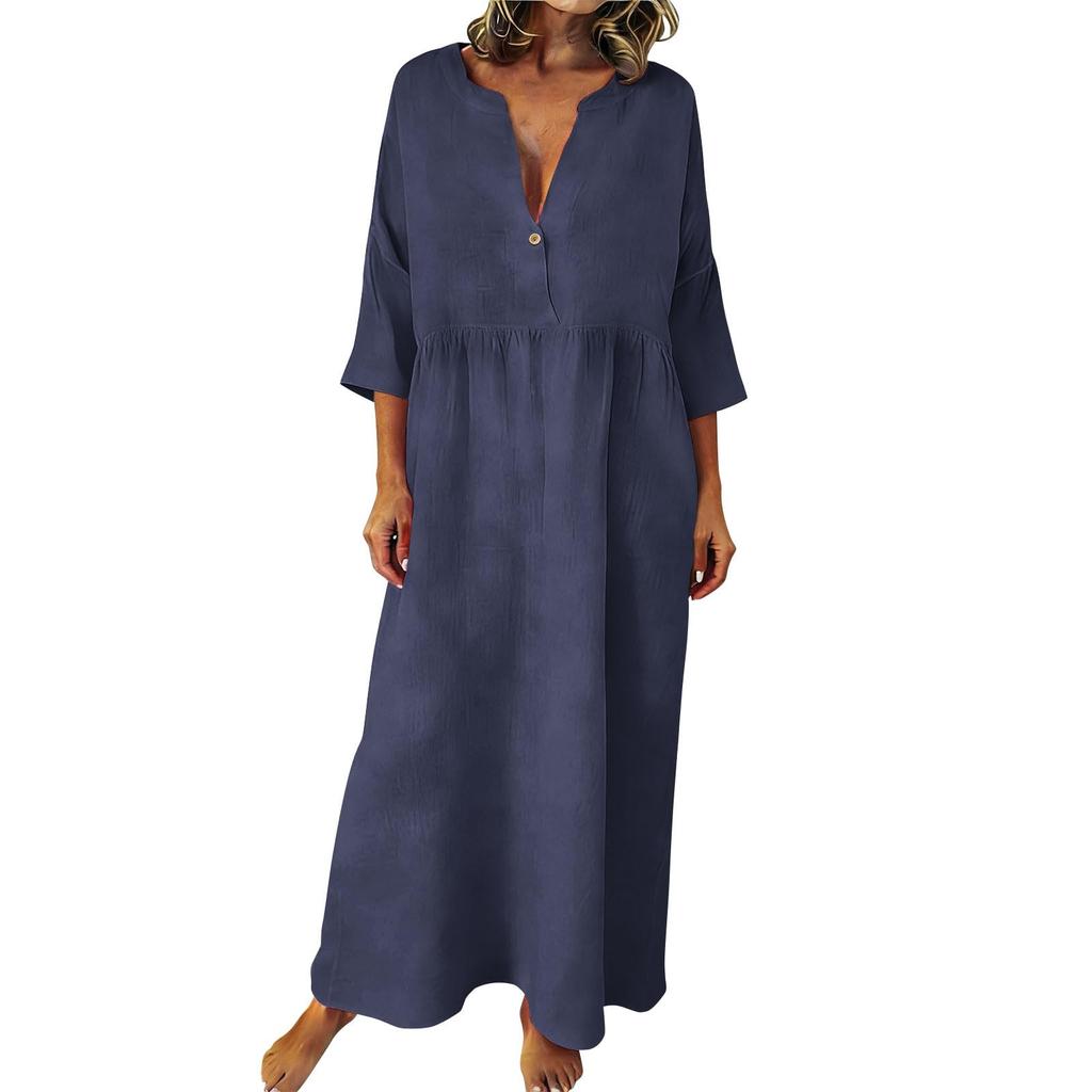Women's Fashionable Cotton-Linen Long Dress Loose-Fit Casual V-Neck Plus Size Dress
