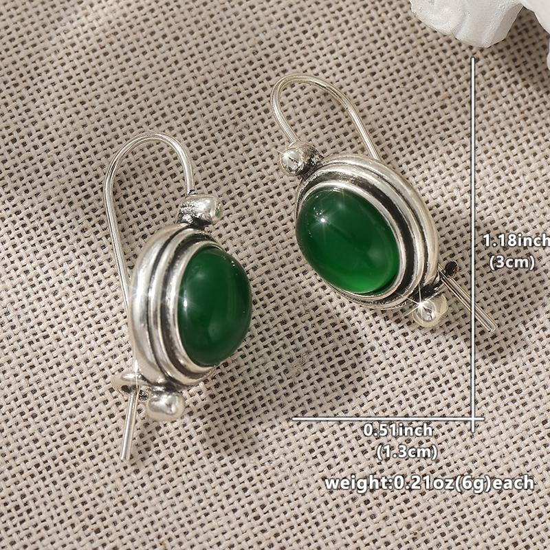 Ethnic Silver Color Green Stone Dangle Earrings Woman Geometry Party Daily Wear