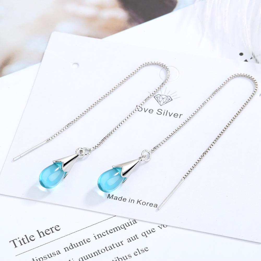 Blue Water Drop Tassel Mori Style Korean Earrings