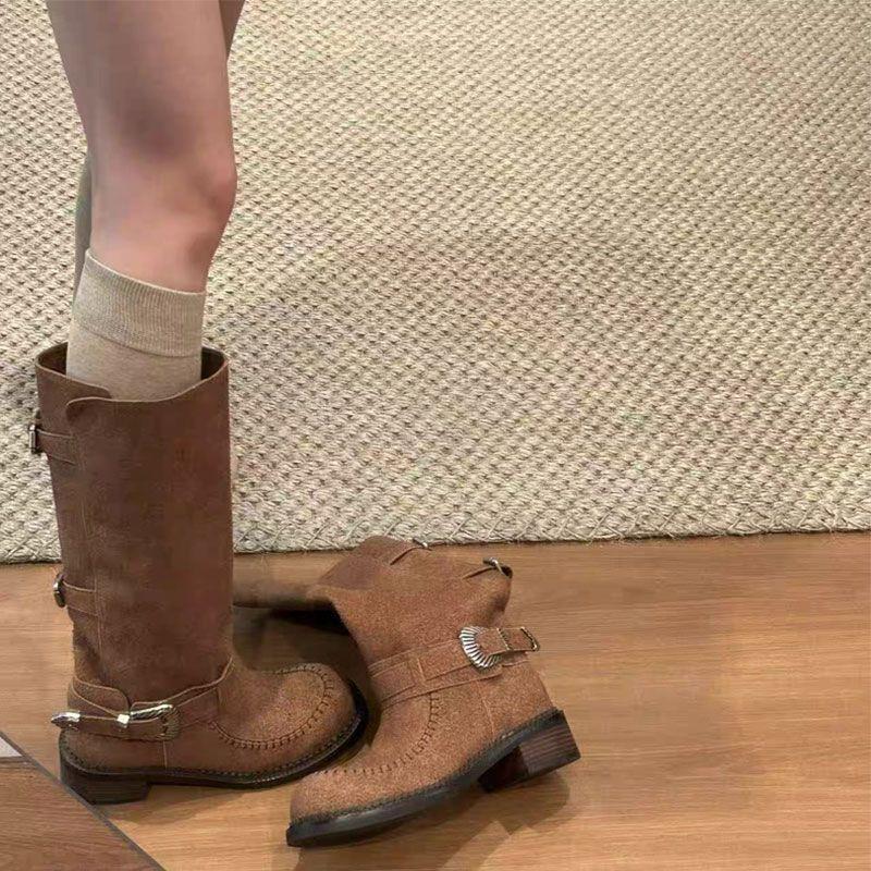 

French platform boots 2025 new autumn British style thin belt buckle handmade western straight cowboy boots 40