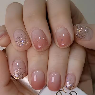 24 pezzi/set unghie finte corte quadrate con sfumatura rosata, unghie finte glitterate, unghie finte artificiali lucide