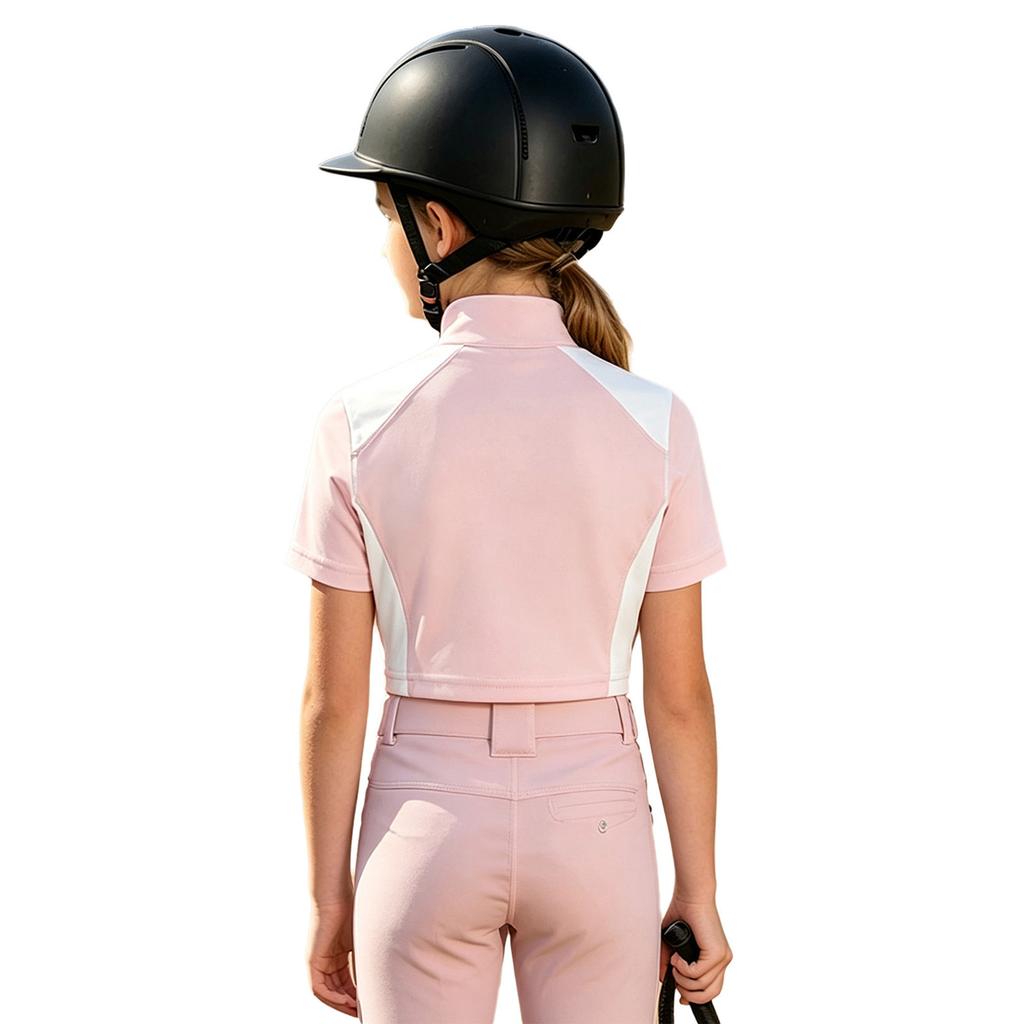 Kids Girls Color-block Equestrian Shirt Zip-up Stand Collar Short Sleeve Athletic Tops for Horse Riding Running Golf Tennis Practice