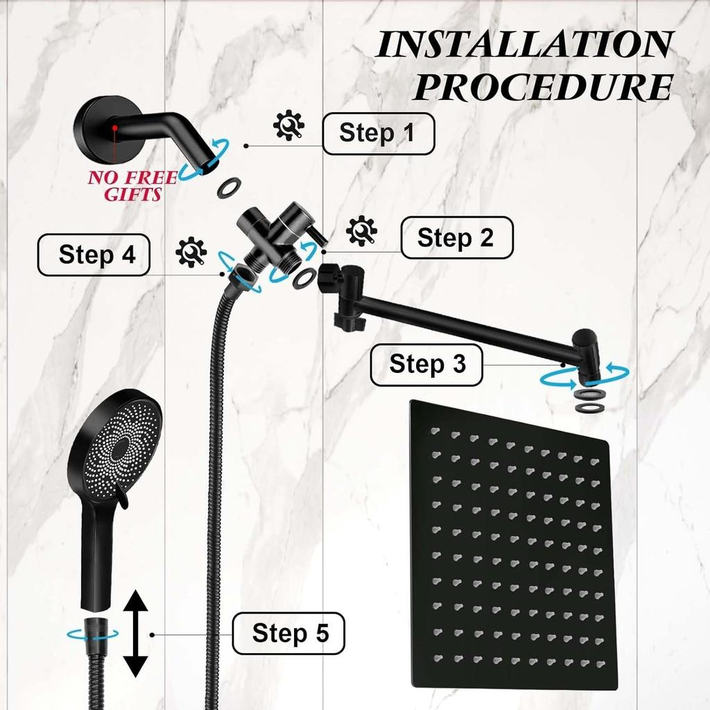 Soffione Doccia Pioggia Multifunzione ad Alta Pressione da 8 Pollici con Doccetta Manuale, Combinazione con Braccio Estensibile Regolabile ad Angolo da 11''/Regolatore di Flusso/Sistema Doccia