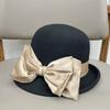 Light Luxury French Fashion Curling Top Hat Women's Elegant Bow Wool Bucket Hat Women's Autumn and Winter Temperament Foreign Gas Basin Hat