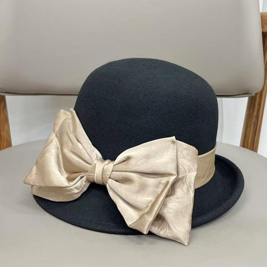 Light Luxury French Fashion Curling Top Hat Women's Elegant Bow Wool Bucket Hat Women's Autumn and Winter Temperament Foreign Gas Basin Hat