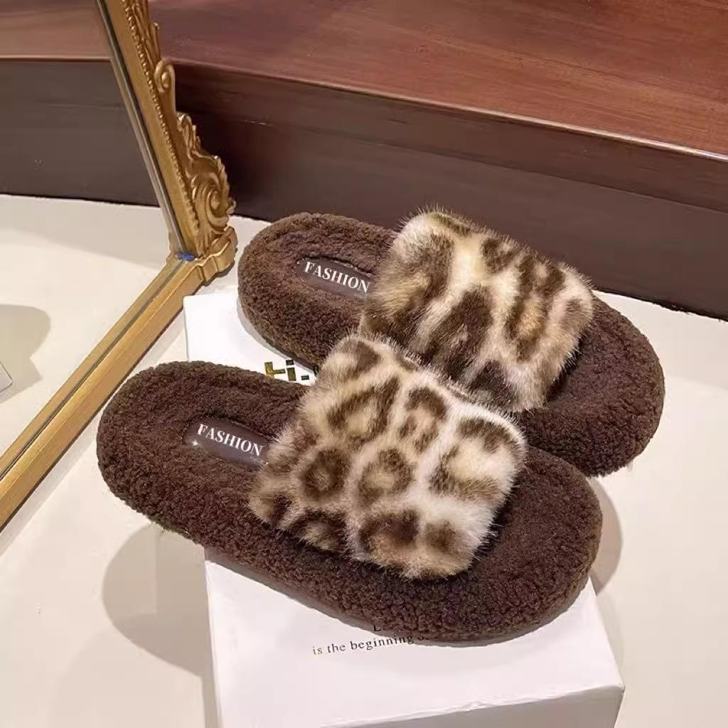Женские пушистые тапочки с леопардовым принтом KT Cat - Уютный дизайн баотоу с толстой бархатной подошвой для зимнего тепла 3839 fits 37-38 1690₽