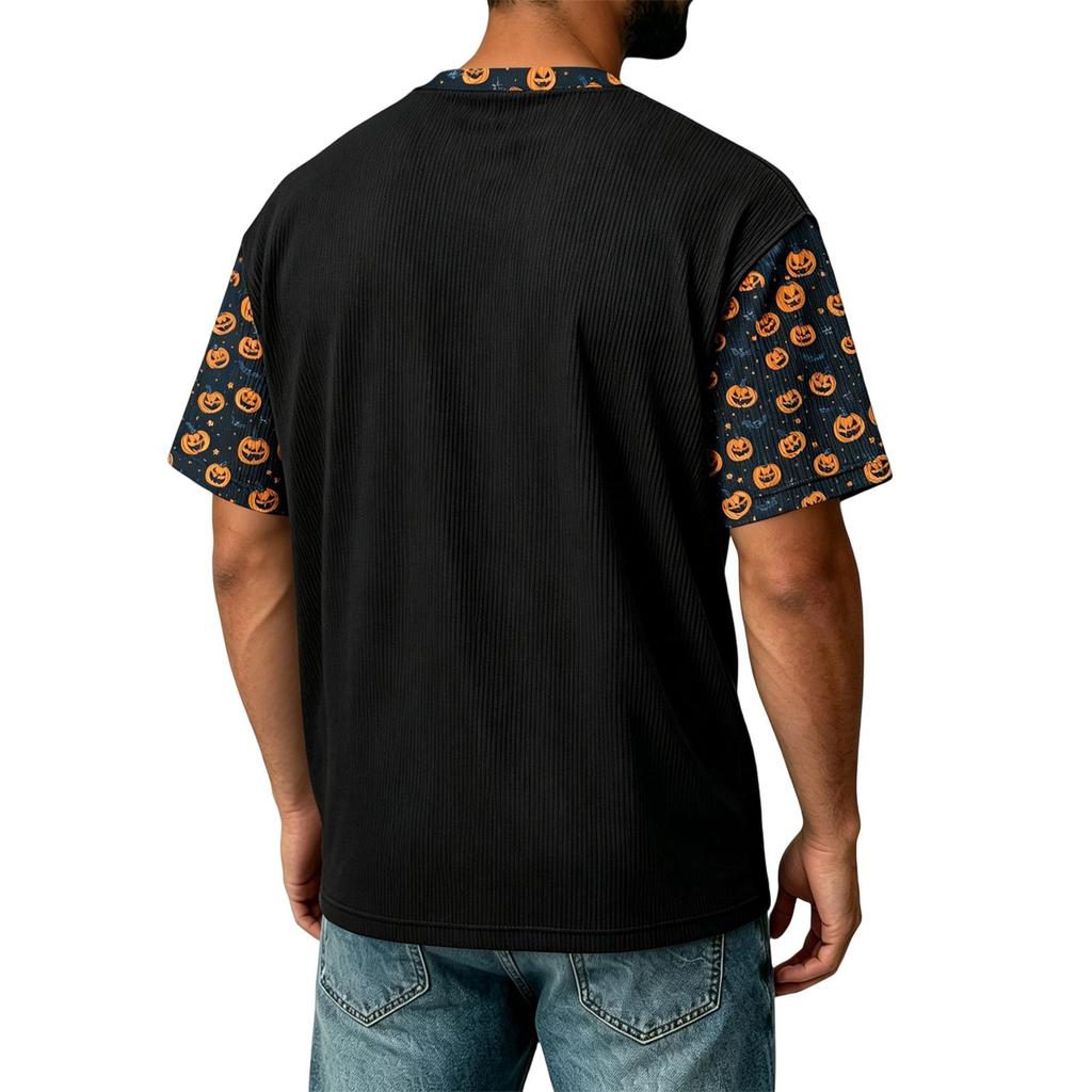 Herren Casual Corduroy Kurzarm Leicht Atmungsaktiv Rundhalsausschnitt Oberteil Halloween-Thema Aufdruck Buchstaben Design Bequeme Passform
