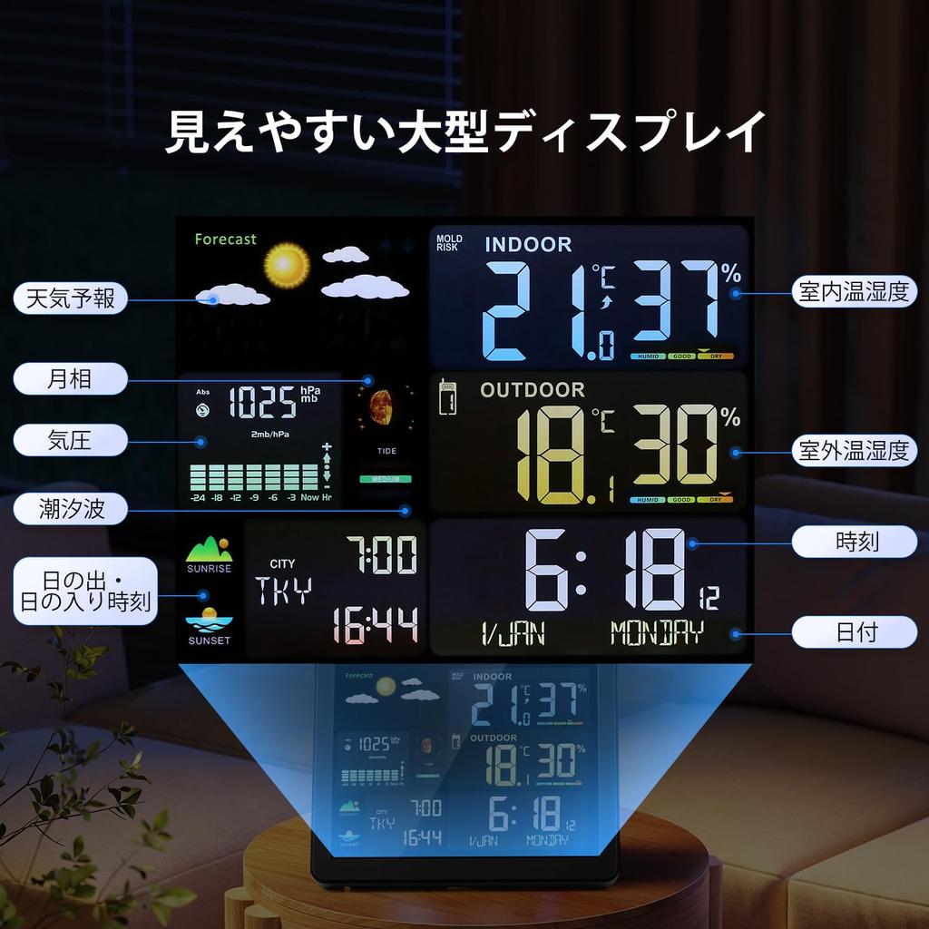 Moongiantgo Wetterstation Digital Tischwetter Innen- und Außentemperatur und Luftfeuchtigkeit Sonnenaufgangs- und Sonnenuntergangszeit Wettervorhersage Groß