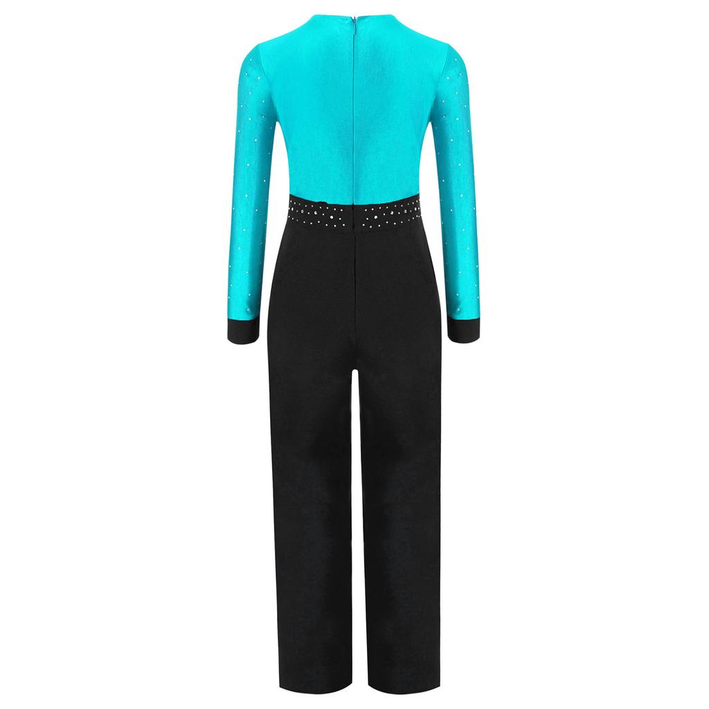 Boys Latin Dance Jumpsuit Color Block Design V Neck Long Sleeve Full Body Leotard Skating Performance Costume
