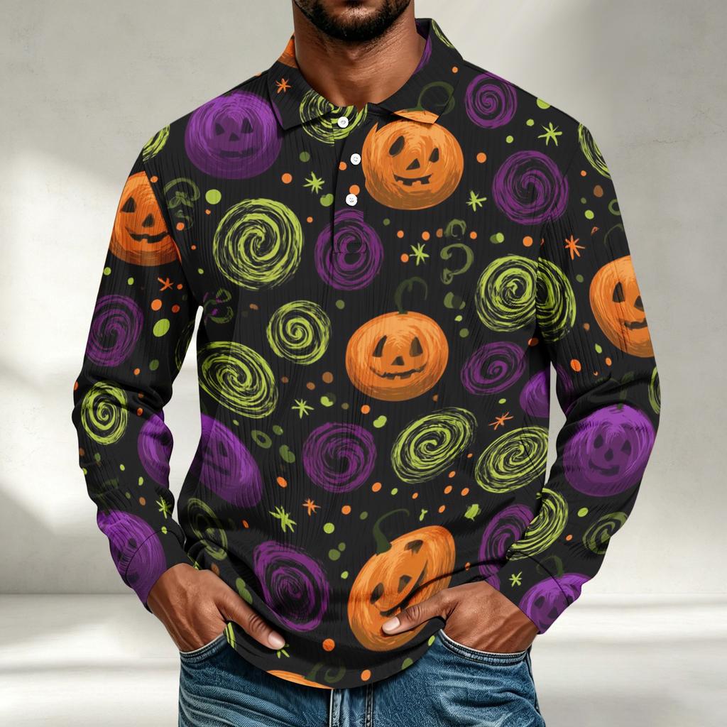 Men's Casual Halloween Print Long Sleeve Shirt Loose Fit