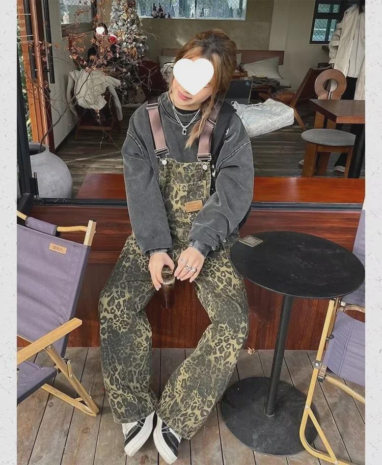 Unisex American Retro Loose Straight Leopard Print Overalls – New Street Style Washed Wide-Leg Multi-Pocket Pants Trend