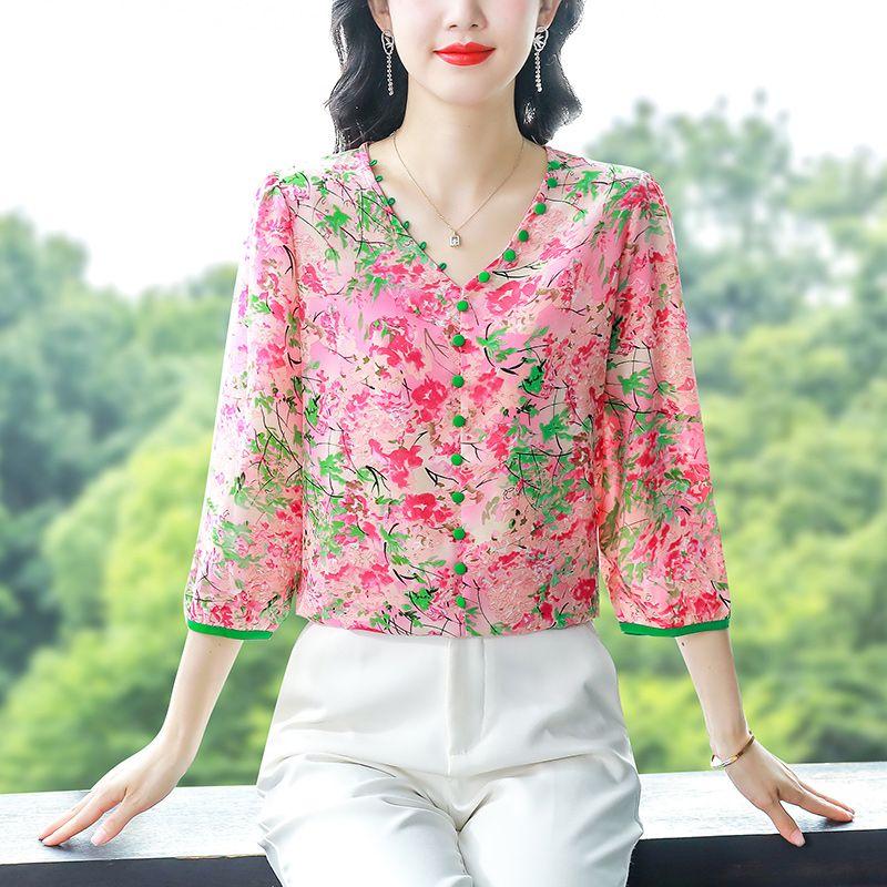 Seven Sleeve Floral Chiffon Top for Women Summer Loose V-neck Design Stylish Color and Small Shirt