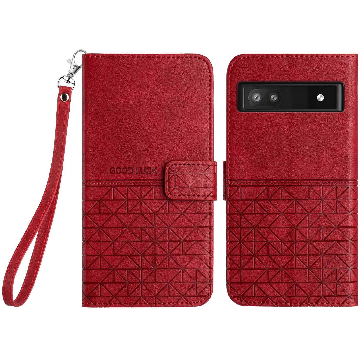 

For Google Pixel 7a Microfiber Leather Wallet Phone Cover Geometric Imprint Flip Stand Case Red