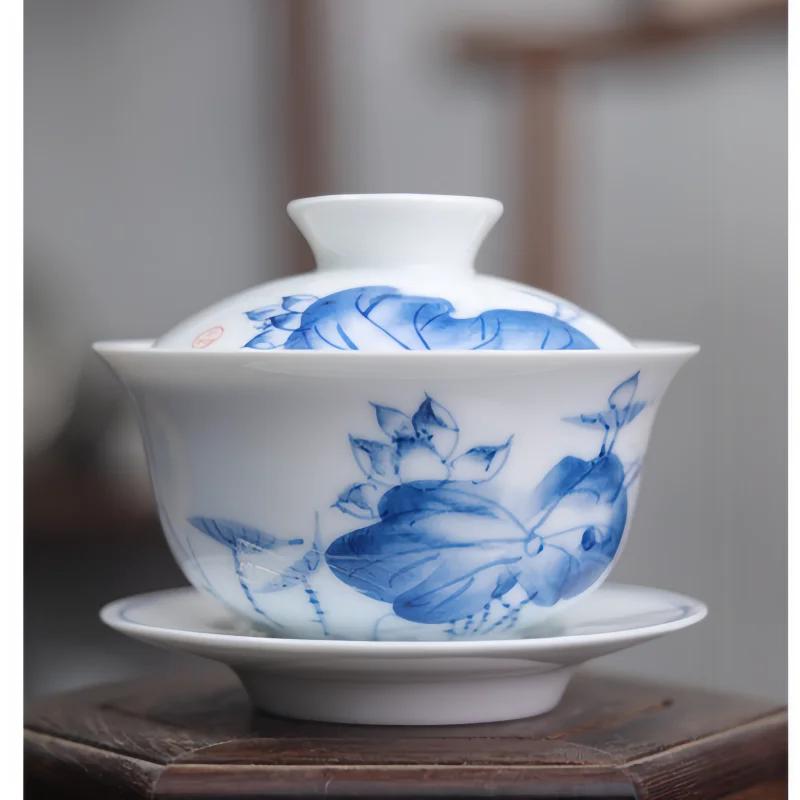 Premium Weißes Porzellan Gaiwan Set 160ml - Blau & Weiß Keramik Gongfu Teeschale, Sancai Gedeckter Becher, Chinesische Teezeremonie