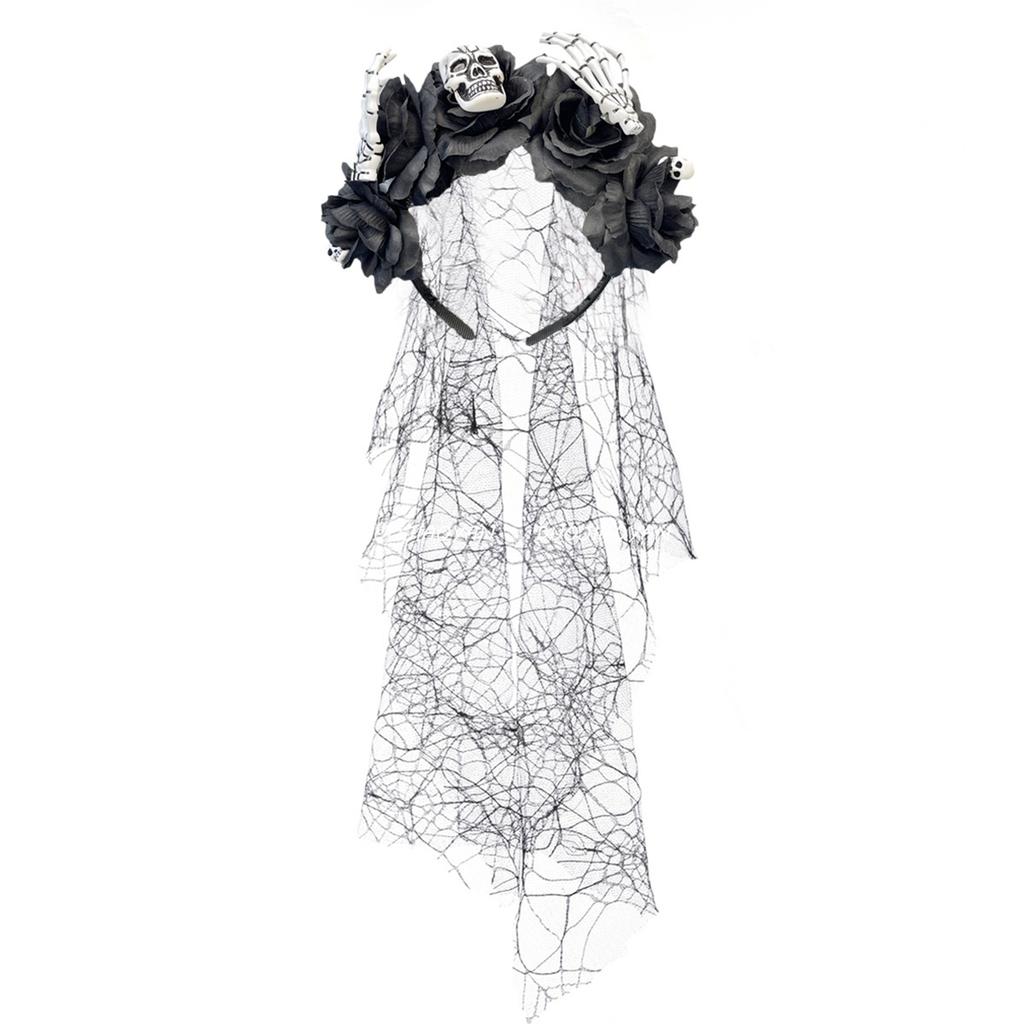 Skull Skeleton Hand Veil Headpiece with Dark Series Flower For Halloween Costume And Themed Photoshoots Wear
