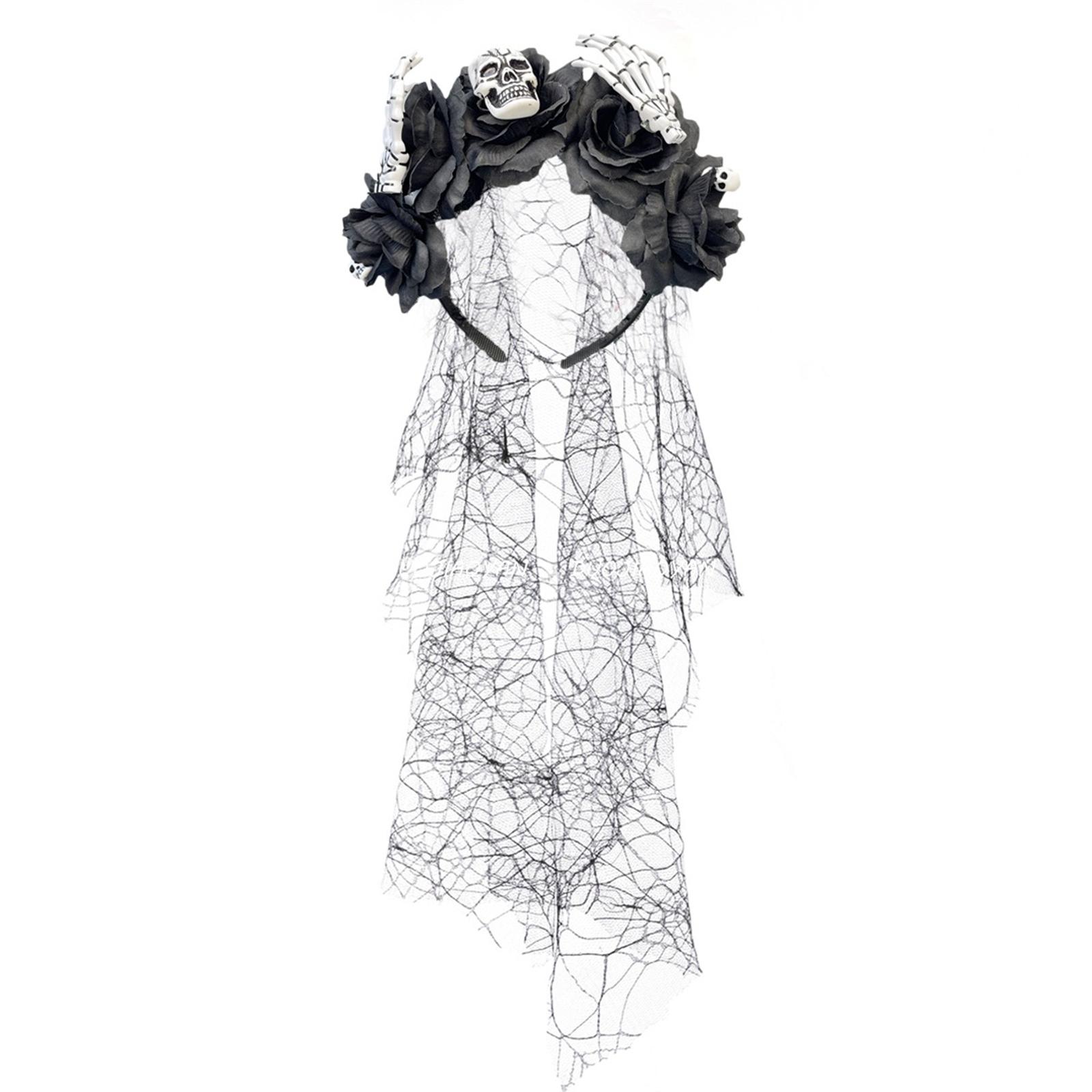 

Skull Skeleton Hand Veil Headpiece with Dark Series Flower For Halloween Costume And Themed Photoshoots Wear H