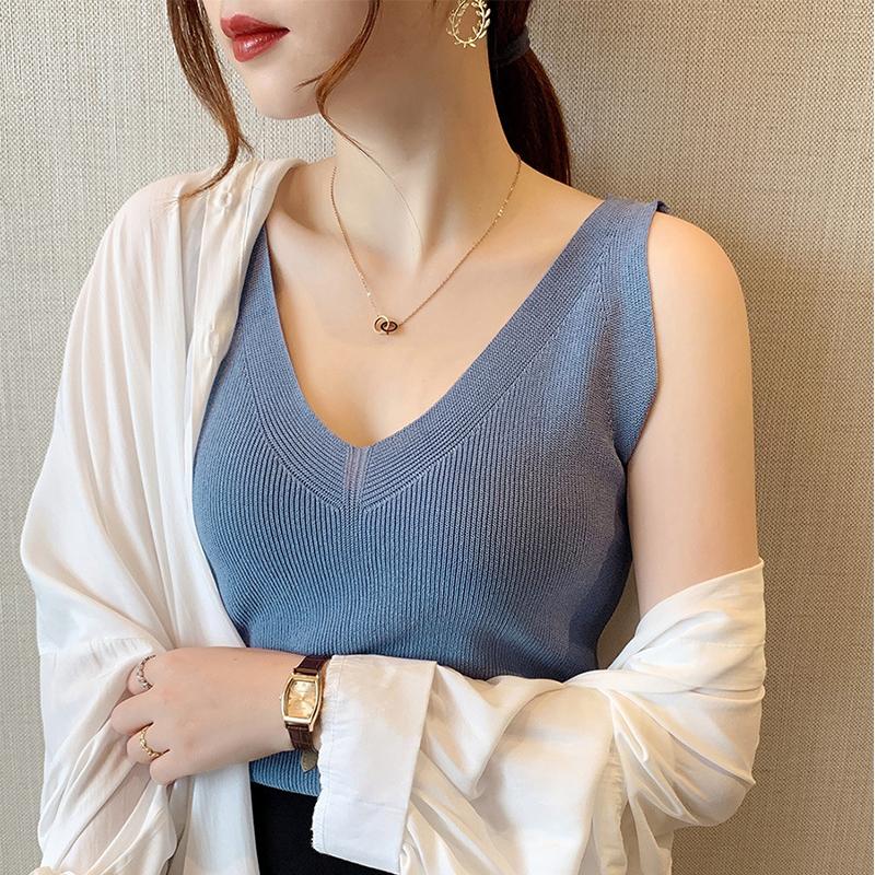 Ice Silk T-shirt Knit Bottoming Camisole Tank Top Women's Summer Inside V-neck Slim Outer Sleeveless Tops