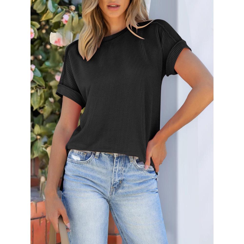 Summer New Round Neck Outer Seam Twisted Strip Short Sleeved Simple Loose T-shirt for Women