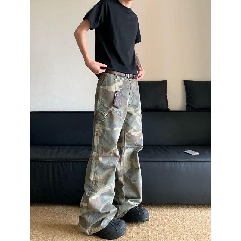 Cabbage Coke American Camouflage Cargo Pants Men's Silm Straight-leg Hiphop Pants Men's High Street Vibe Bootleg Pants