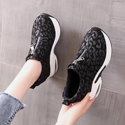 Women's Sneakers Inner Height-enhancing Women's Shoes Air Cushion Leopard Pattern Dark Velvet Front Zipper Casual Shoes